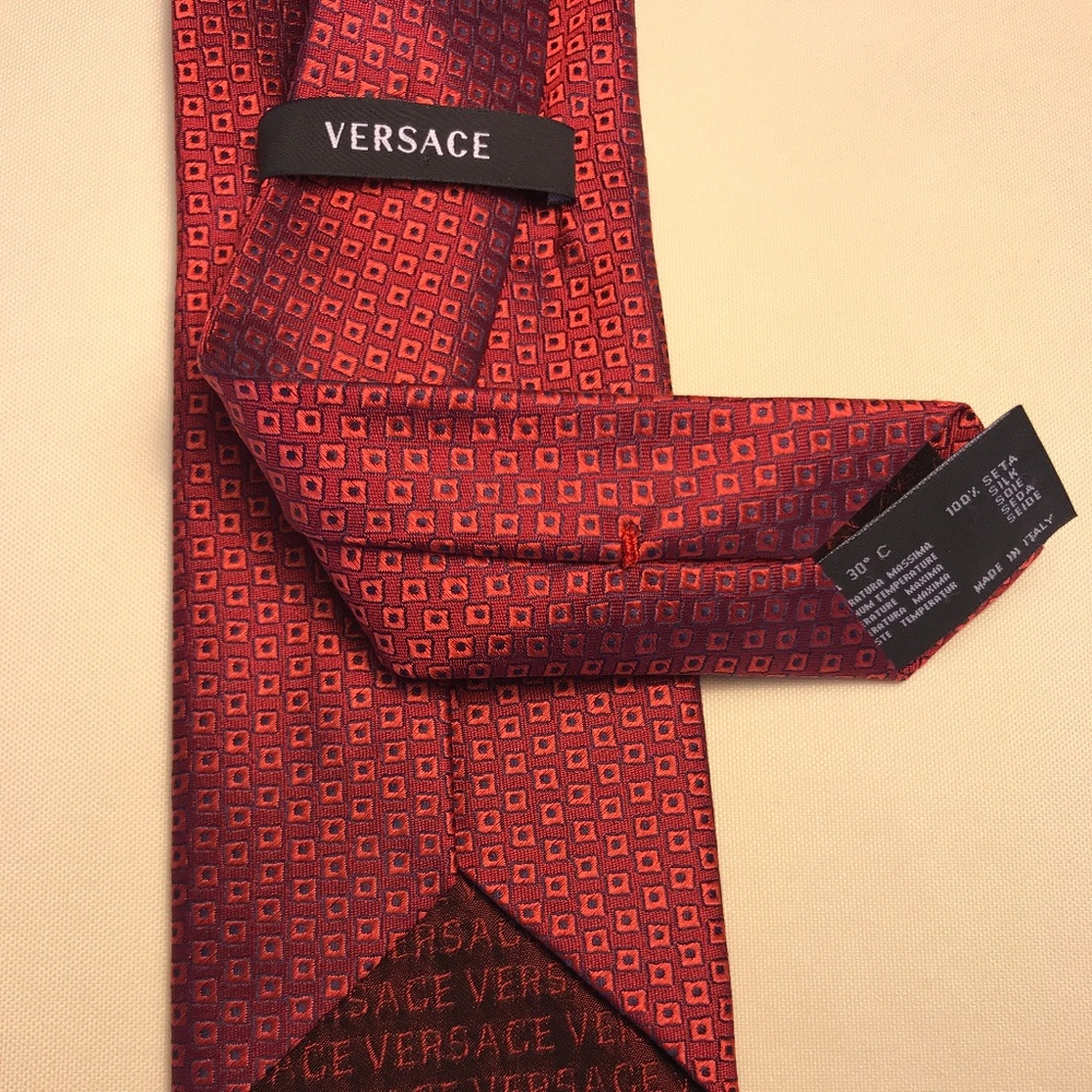 Versace Red Silk Tie | Small Geometric Pattern